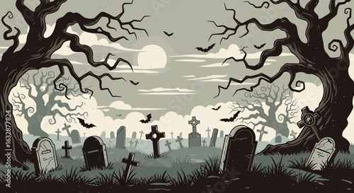 Eerie cemetery landscape at night. A spooky graveyard concept illustration with gnarled trees, bats, and a full moon for Halloween.