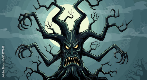 An evil enchanted tree monster with a frightening face and clawed branches under a full moonlit sky.