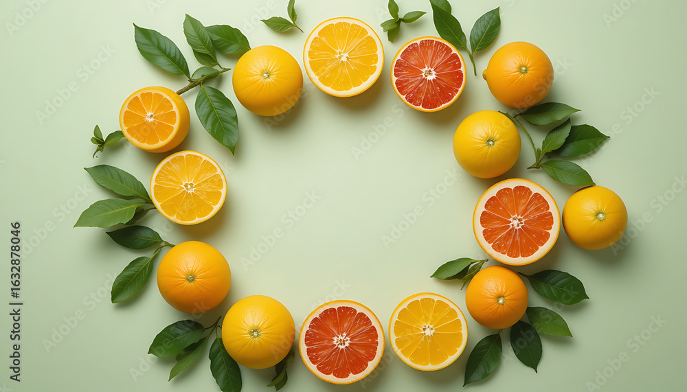 Obraz premium Fresh Citrus Fruit Circle with Green Leaves.