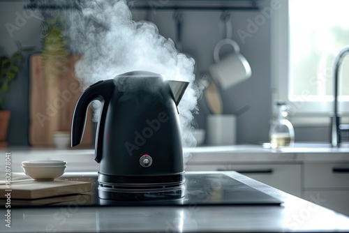 premium quality visual of Sleek electric kettle steaming in modern kitchen, contemporary design.