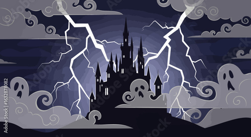 A spooky haunted castle silhouetted against a stormy night sky with lightning bolts and ghostly figures.