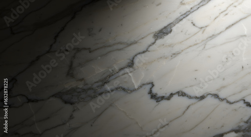 An elegant marble texture with white and gray veins under dramatic spotlight creating depth.