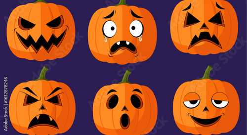 Collection of jack-o-lantern faces for Halloween. Features scary, sad, angry, and surprised pumpkin expressions in a cartoon style.