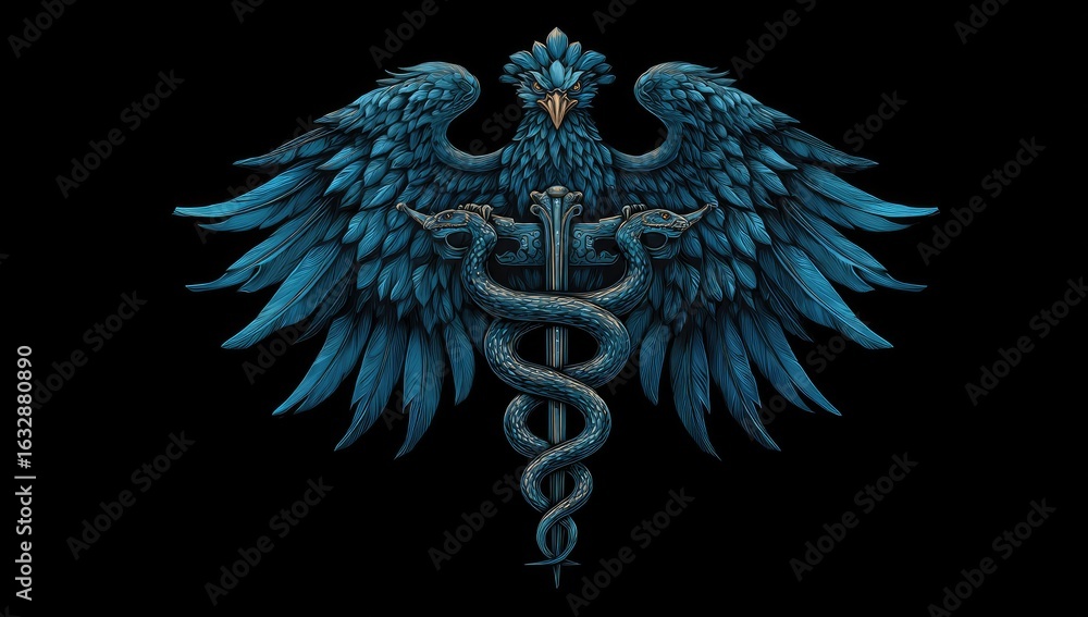 Fototapeta premium Dark stylized eagle emblem with snakes