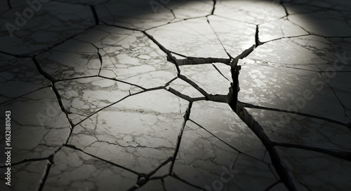 Abstract cracked surface with dramatic lighting creates mood of tension and vulnerability today.