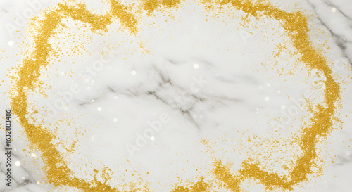 Golden glitter dust encircles the center of a serene white marble backdrop creating texture.