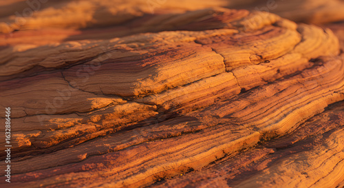 Textured surface of a rock formation displays orange hues and layered pattern and rugged landscape.