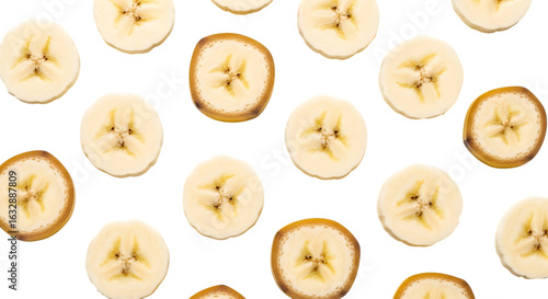 Pattern of fresh banana slices isolated on transparent background, a healthy and sweet tropical fruit, perfect for snacks and desserts, rich in potassium and vitamins