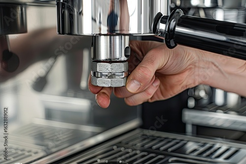 Vibrant Image of Hand Installing Filter in Espresso Machine