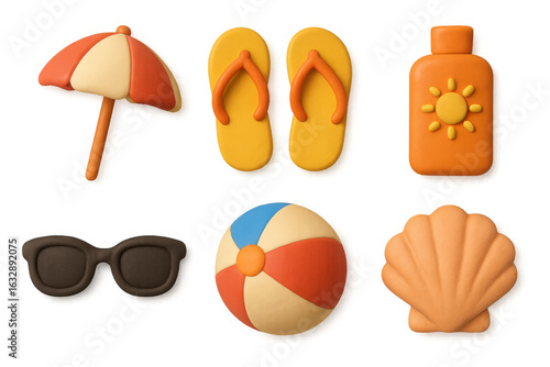 Summer essentials in playful clay style: beach icons for sunny adventures