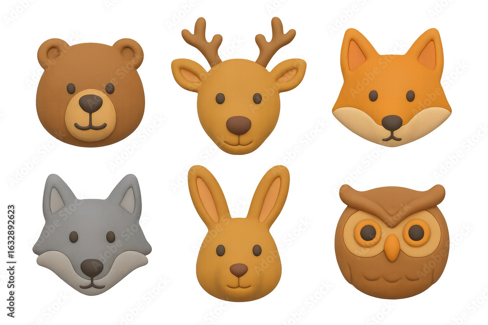 Fototapeta premium Cute animal faces emoji collection in playful 3d cartoon style for kids