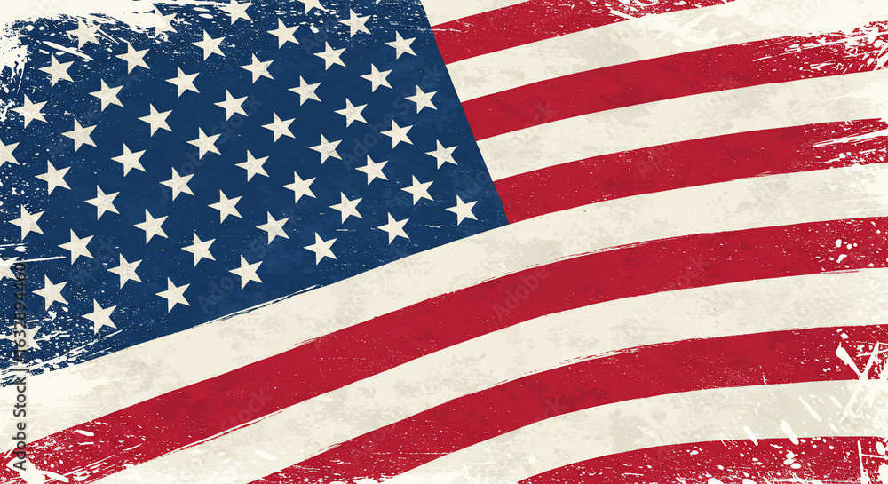 Obraz premium Distressed American flag illustration with grunge texture, depicting patriotic pride and heritage. Ideal for backgrounds, national holiday designs like July 4th, political campaigns, and historical