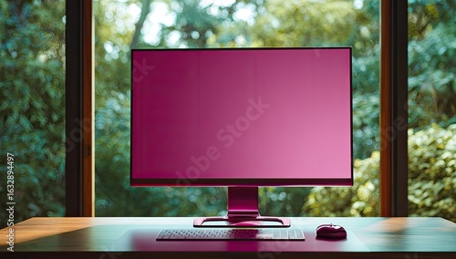 Pink computer, garden view, workspace, mockup, screen