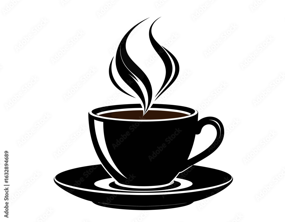 Obraz premium A simple black silhouette of a steaming hot coffee cup on a saucer. This vector graphic is an ideal icon for a cafe or coffee shop logo.