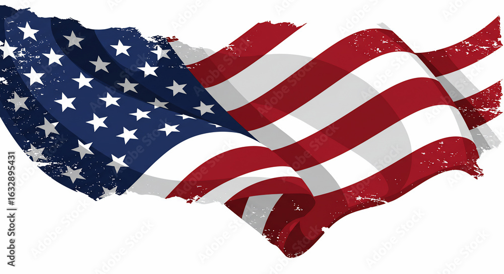 Obraz premium Distressed American flag waving with grunge texture on white background, perfect for patriotic concepts, national holidays, and design elements celebrating freedom and independence