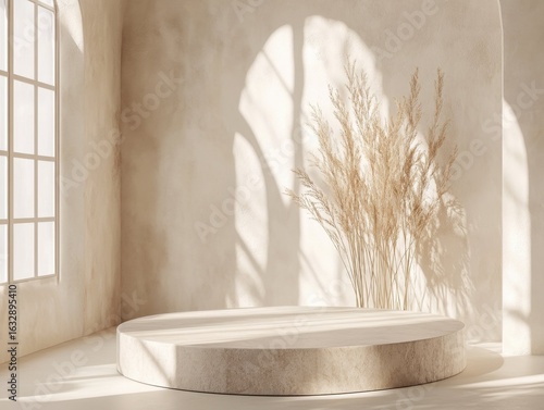 premium quality picture of Minimalist beige stone podium with natural light and dried plants ideal for product displays and promotional sales. high detail 8k