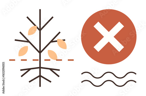 A leafless tree with falling leaves, dotted ground line, water waves, and a red circle with an X. Ideal for themes of climate change, deforestation, drought, sustainability, nature loss