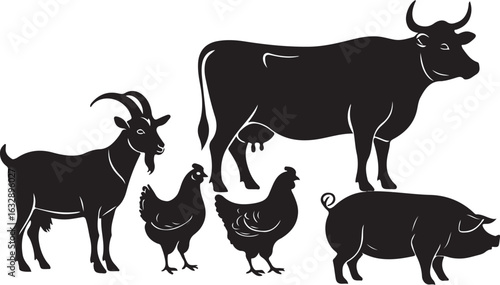Black silhouette farm animals including cow goat chickens and pig vector