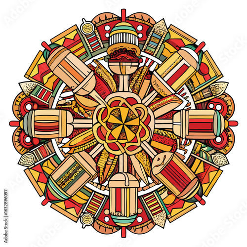 Colorful mandala design featuring popular fast food items and drinks in a radial pattern