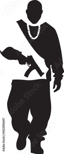 Black silhouette of a man holding a handgun and wearing a large chain pistol