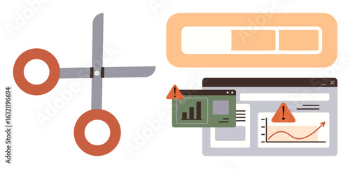 Scissors, error warning signs, progress bar, and graphs on screen represent data troubleshooting, repair, problem-solving, analytics, and task progress. Ideal for analysis debugging IT tech tools