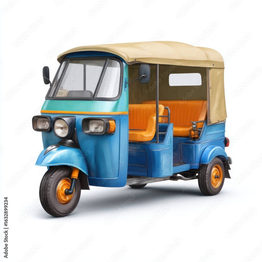 Fototapeta premium Colorful blue and orange auto rickshaw on a white background