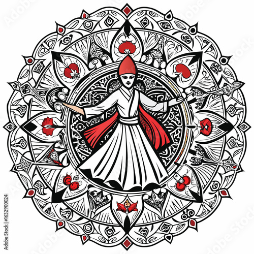 Whirling dervish in a detailed mandala pattern with red accents and symbolic motifs