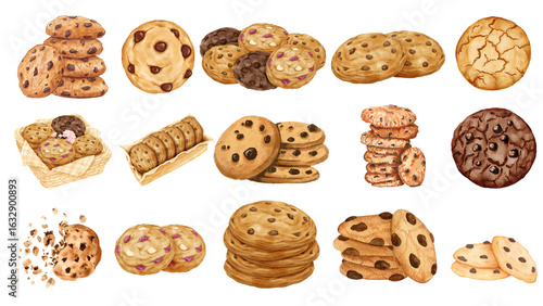 A delicious assortment of hand-drawn chocolate chip cookies and sweet biscuits, illustrated in a charming watercolor style for bakery designs.