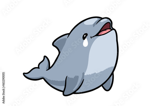 A cute cartoon illustration of a chubby dolphin character crying, with a single tear running down its face. Concept of sadness, grief, and aquatic animal emotions.