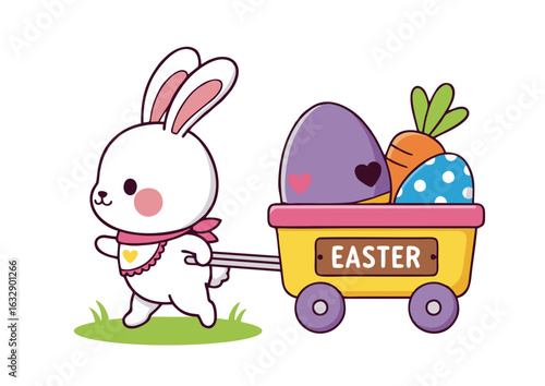 Cute Easter bunny pulling a yellow wagon filled with colorful decorated eggs and a carrot. Adorable kawaii rabbit character illustration for holiday celebration.