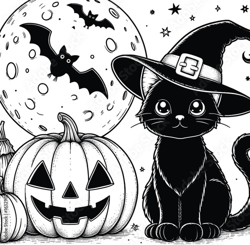 Halloween coloring page, cute black cat sitting with pumpkin
