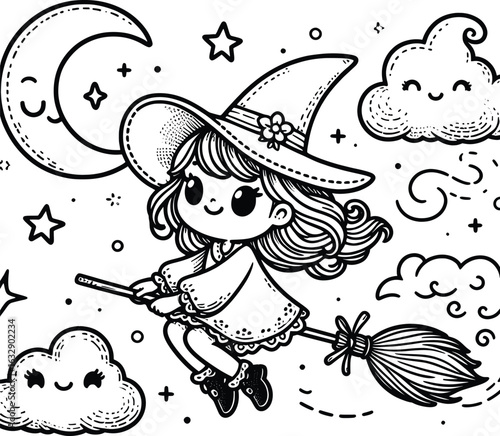 Children's coloring page Little witch flying on a broom with a pointed hat