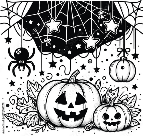 Halloween-themed coloring page with a big spider hanging from a web, a small pumpkin, and stars