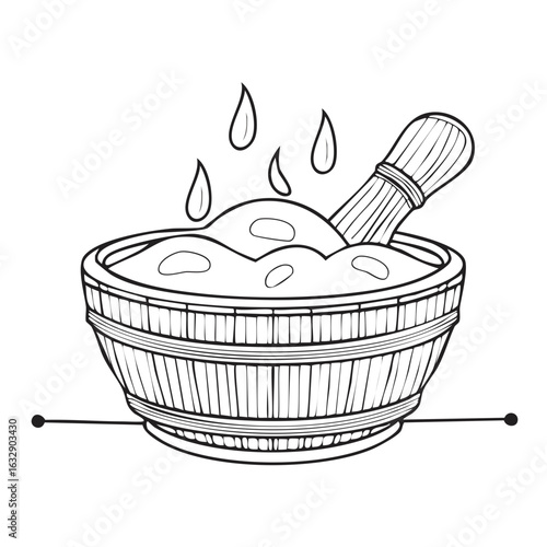 Outline of Traditional Japanese Bath with Dipper and Water Drops for Relaxation