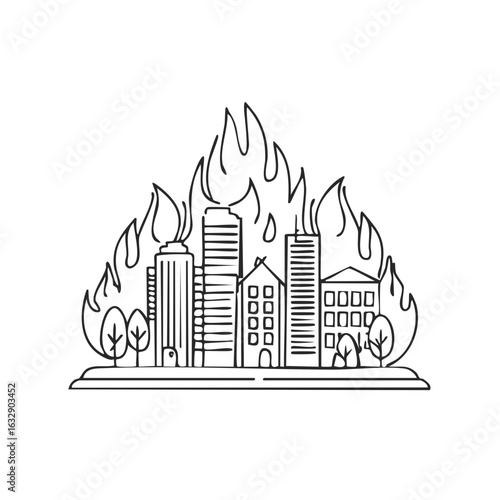 Stylized line drawing of a burning city with skyscrapers and houses consumed by fire urban disaster concept