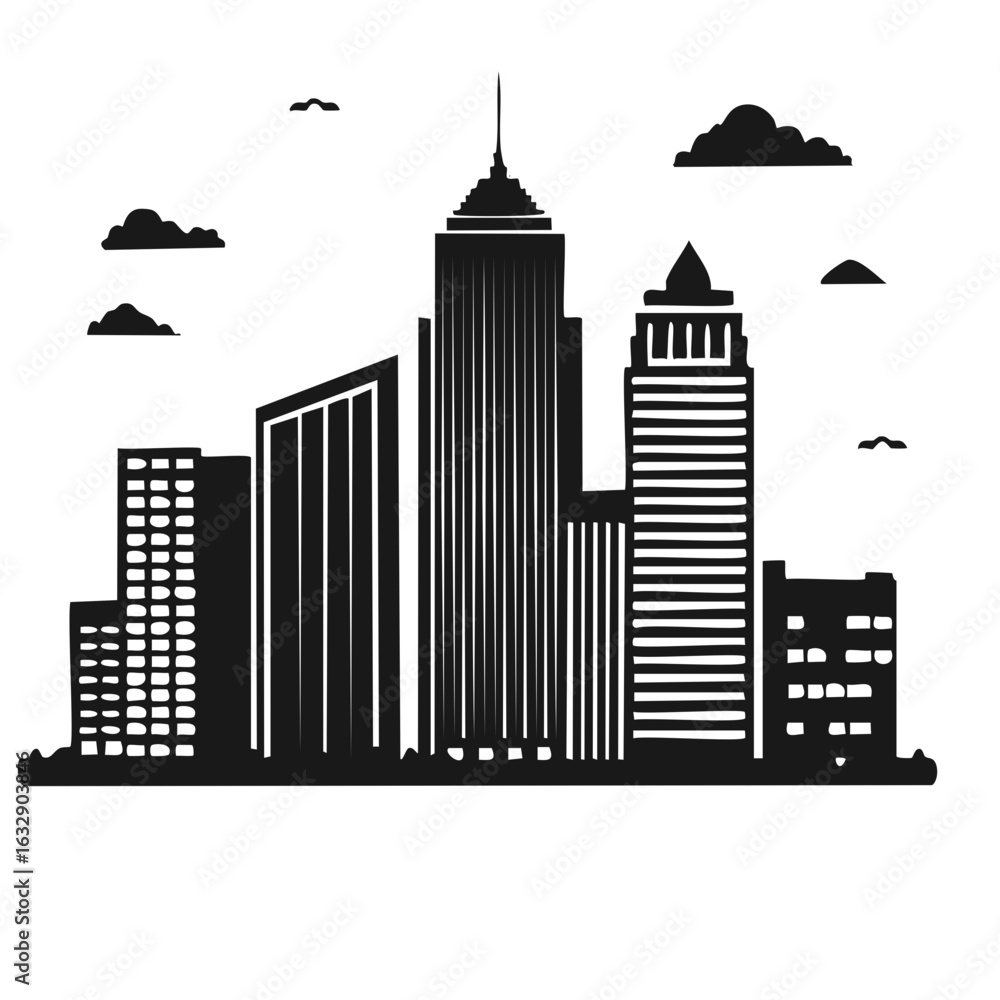 Obraz premium Modern Skyline Silhouette with Tall Buildings and Clouds in Black and White Design