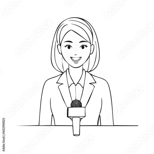 Smiling female news anchor or journalist speaking into a microphone line art