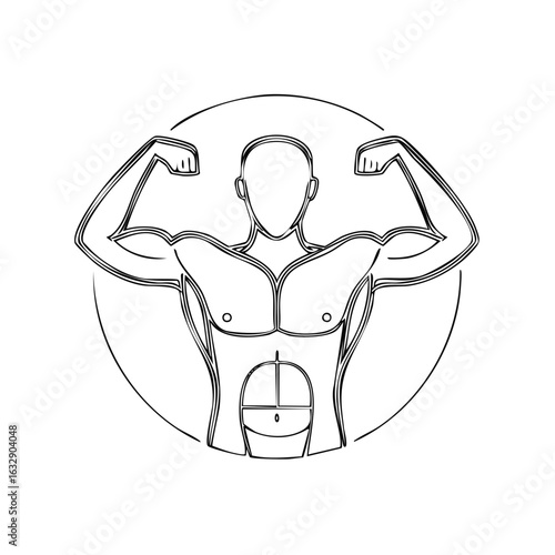 Muscle Man Outline with Flexing Arms in Circle Frame for Bodybuilding and Fitness