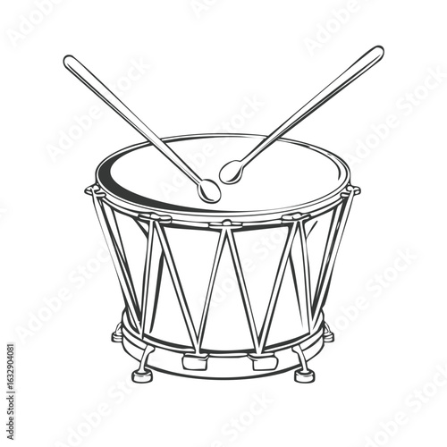Outline illustration of a classical drum with two mallets resting on its head depicting percussion music