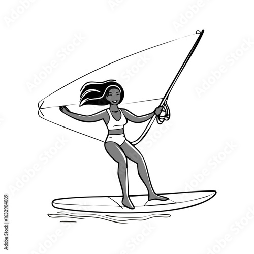 Woman Windsurfing on Water Surface with Sailboard in Black and White Style Illustration