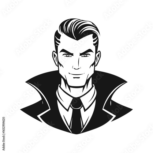 Stylish black and white graphic of a mysterious man with slick hair and high collar