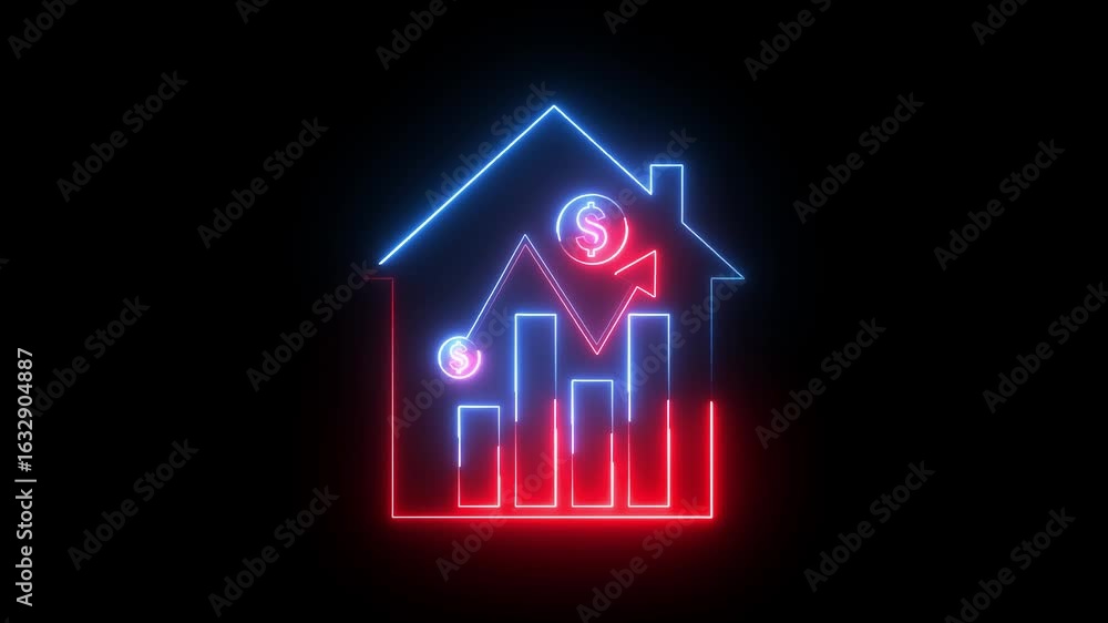 Home with dollar sign and business graph icon animation glowing neon red and blue color house finance profit banking currency bar chart on black background