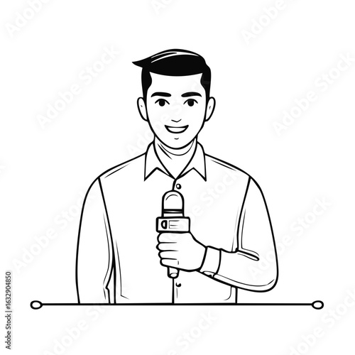 Man holding a microphone reporting or interviewing with a friendly smile