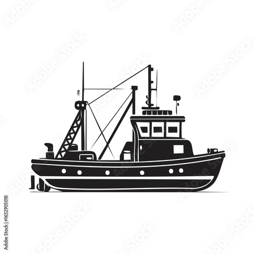 Stylized black and white fishing boat icon commercial trawler vessel vector illustration