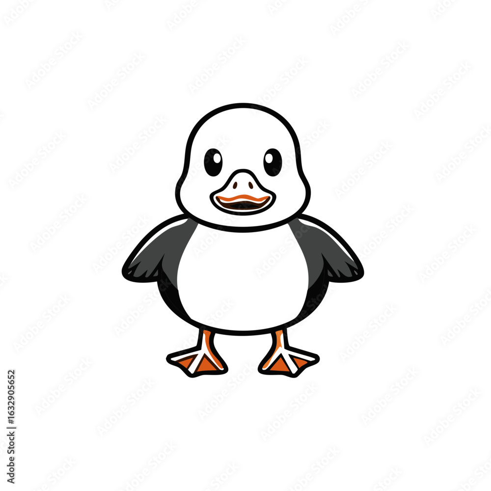 Fototapeta premium Cute cartoon duckling with black and white feathers and orange feet