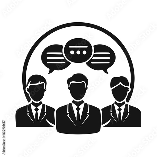 Three business people in suits communicating with speech bubbles above their heads