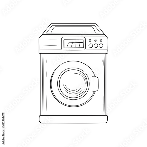 Front view sketch of a modern front loading washing machine with controls