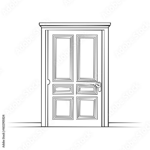 Outline drawing of a classic elegant door with intricate panels and handle