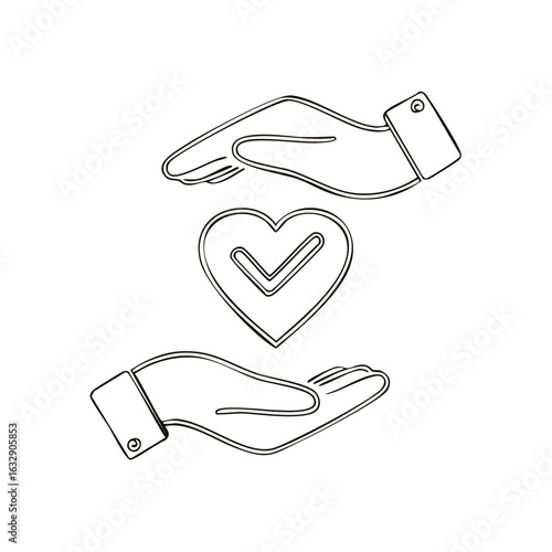 Hands protecting a heart with a checkmark icon line art concept illustration