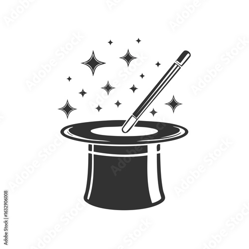 Magician's hat with magic wand and stars illustration, symbol for illusions and performances